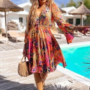 Pink Tropical Print Flared Sleeve Ruffle Hem Dress